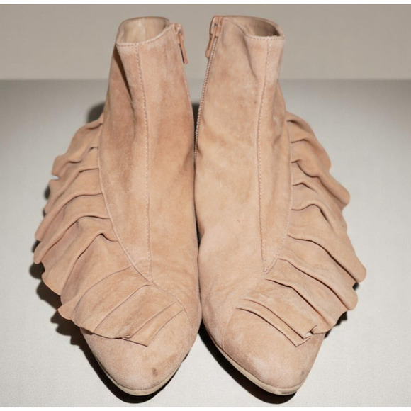 Anthropologie Camel Suede Ruffle Booties – Women’s Size 38 | Boho Western Ankle - Picture 1 of 11